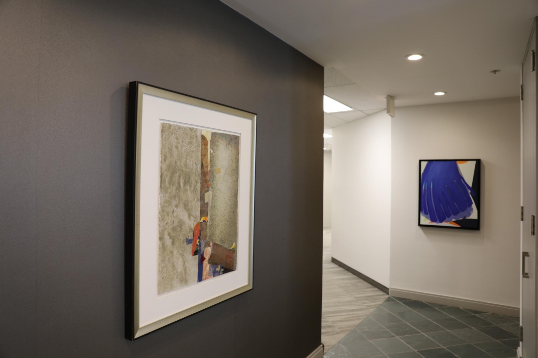 Contemporary art hanging in office hallway.